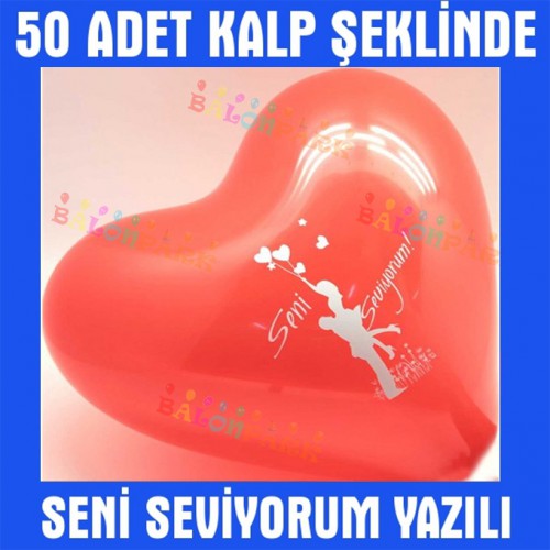 50 Adet Kırmızı Kalp Balonu Seni Seviyorum Yazılı Baskılı