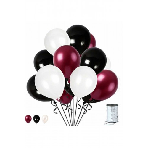 50 Adet Bordo - Beyaz- Siyah Metalik Balon 3'Lü Renk  - 12 İnç - Parti Dolabı