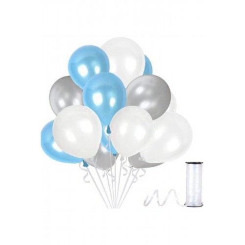 50 Adet Gümüş - Beyaz- Mavi Metalik Balon 3'Lü Renk  - 12 İnç - Parti Dolabı