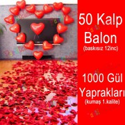 50 Kalp Balon + 1000 Yapay Gül Kalpli Balon Ve Gül Yaprakları