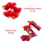 50 Kalp Balon + 1050 Kuru Gül, Kalpli Balon ve Gül Yaprakları