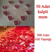 50 Mum + 500 Kumaş Gül Yaprağı Kalpli Mum ve Yapay Gül Yaprakları