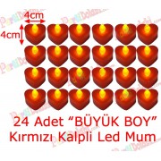 24 Adet 4x4cm Işıklı Kalp Mum Görünümlü, Kırmızı Led Mum