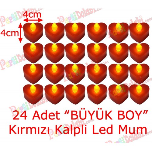 24 Adet 4x4cm Işıklı Kalp Mum Görünümlü, Kırmızı Led Mum - Parti Dolabı