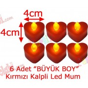 6 Adet 4x4cm Işıklı Kalpli Mum Görünümlü, Kırmızı Led Mum