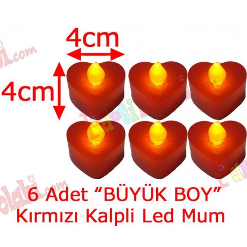 6 Adet 4x4cm Işıklı Kalpli Mum Görünümlü, Kırmızı Led Mum