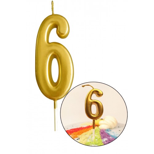 6 Yaş Gold Rakam Mum, Parlak Altın Rengi Doğum Günü Mumu Sarı Yaldızlı Pasta Mumu