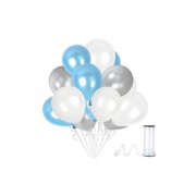 75 Adet Gümüş - Beyaz- Mavi Metalik Balon 3'Lü Renk  - 12 İnç