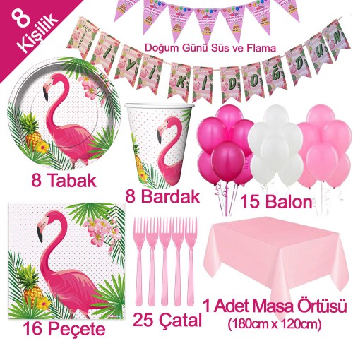 8 Kişilik Flamingo Konsepti Parti Malzemeleri ve Doğum Günü Seti - Parti Dolabı