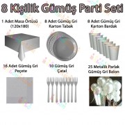 8 Kişilik Gümüş Gri Doğum Günü Parti Malzemeleri Konsepti Seti