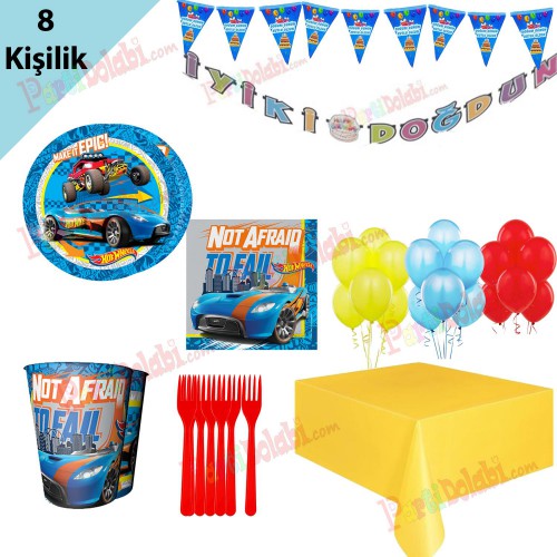 8 Kişilik Hot Wheels Temalı Doğum Günü Konsepti Malzemeleri - Parti Dolabı