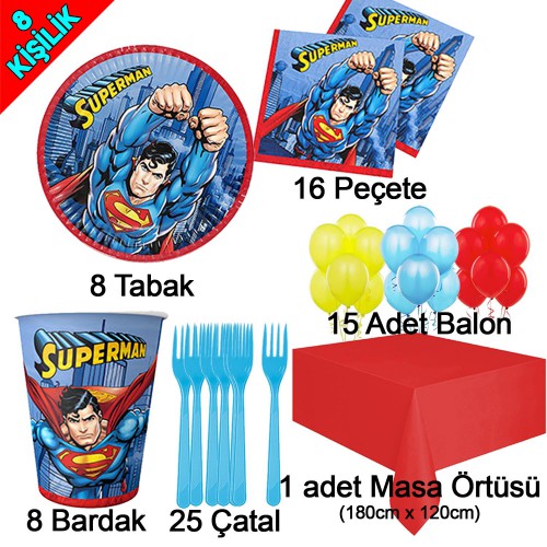 8 Kişilik Superman Temalı Doğum Günü Seti, Süpermen Konsepti - Parti Dolabı