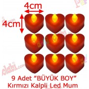 9 Adet 4x4cm Işıklı Kalp Mum Görünümlü, Kırmızı Led Mum