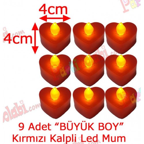 9 Adet 4x4cm Işıklı Kalp Mum Görünümlü, Kırmızı Led Mum