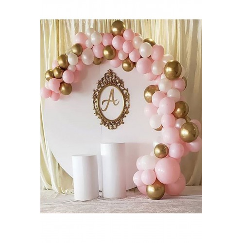 Balon Zinciri Ve Yapıştırma Seti: 30 Makaron Pembe + 20 Pastel Beyaz + 10 Krom Gold Doğum Günü Nişan - Parti Dolabı