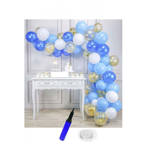 Beyaz-Açık Mavi-Lacivert-Altın Konfetili Şeffaf Doğum Günü Balon Zinciri 62 Parça - Parti Dolabı