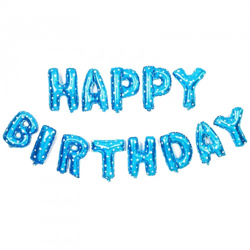 Beyaz Puantiyeli Mavi Happy Birthday Yazılı Harf Folyo Balon Seti