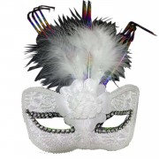 Beyaz Tüylü Kadın Parti Balo Göz Maskesi Dantelli, Taşlı Venedik