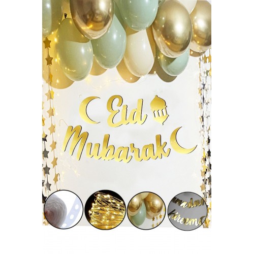 Eid Mubarak Gold Yazı Ledli Balon Zincir Seti Arapça Banner Ramazan Bayramı Oda Süsleme Dekor 2mt