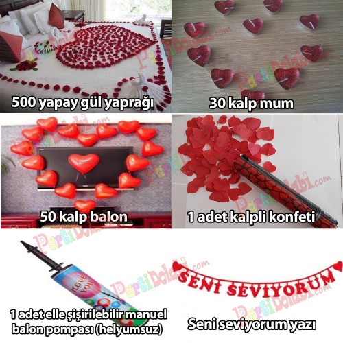 Evlilik Teklifi 500 Gül Yaprağı+ 30 kalp mum+ 50 balon+ 1 konfeti+ 1 Pompa + Yazı Seni Seviyorum