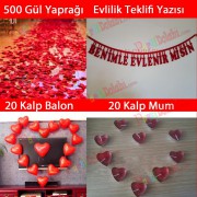 Evlilik Teklifi 500 Gül yaprağı Kalp Balon + Mum + Evlenme Yazı