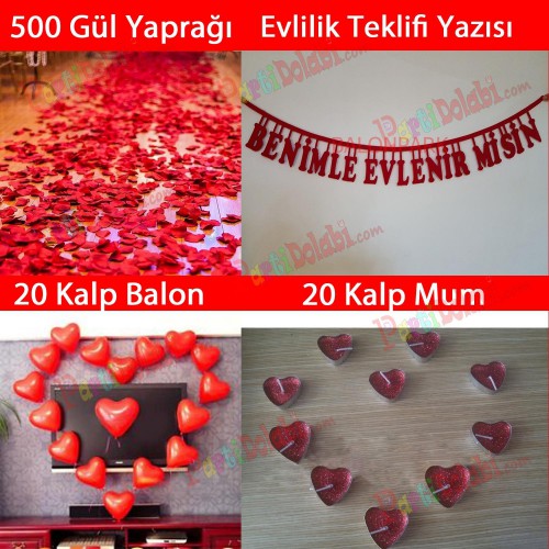 Evlilik Teklifi 500 Gül yaprağı Kalp Balon + Mum + Evlenme Yazı - Parti Dolabı