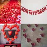 Evlilik Yıl dönümü 500 Gül yaprağı Kalp Balon+Mum +Yıldönümü Yazı