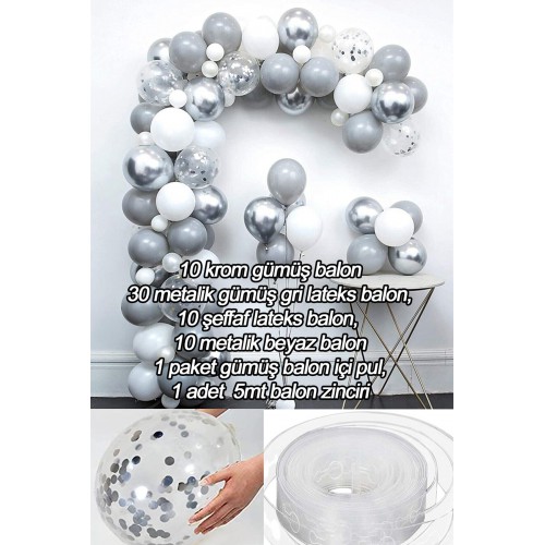 Gri-beyaz Gümüş Balon Zinciri Seti(10 KROM 30 METALİK GRİ, 10 ŞEFFAF, 10 BEYAZ BALON PULU VE ZİNCİR) - Parti Dolabı
