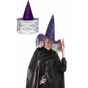 Halloween Cadılar Bayramı Cadı Şapkası Mor Siyah Örümcek Ağ Desenli Tül Parti Cadı Şapkası 34cm