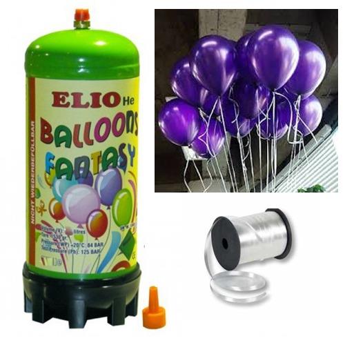 Helyum Gazı Tüp + 20 Adet Mor Balon Metalik Uçan Balon + İpi