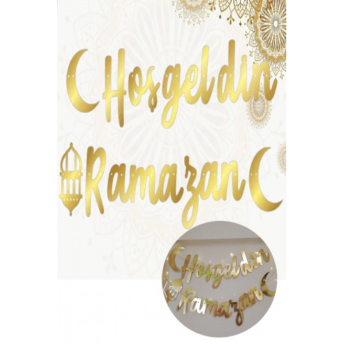Hoşgeldin Ramazan Yazılı Kaligrafi Banner Gold 200x30cm Ramazan Bayramı Altın Renginde Ipli Süs Yazı