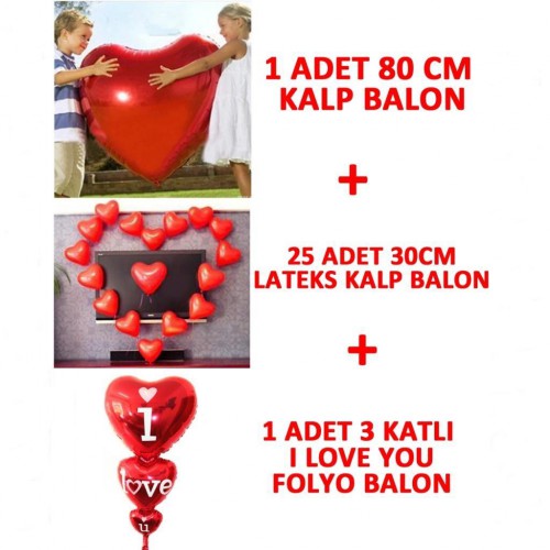 Kalp Balon 12inc + Kalpli Balon 75 cm + Folyo Uçan Ucuz Hediye - Parti Dolabı