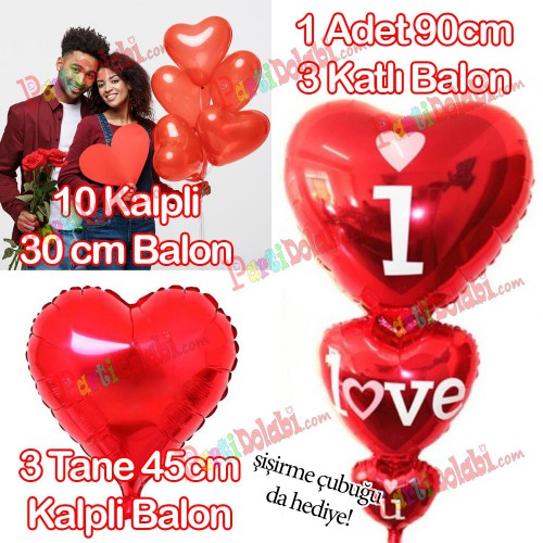 Kalp Balon Ucuz, Folyo 75cm + I love you + Sevgili Kalpli Uçan