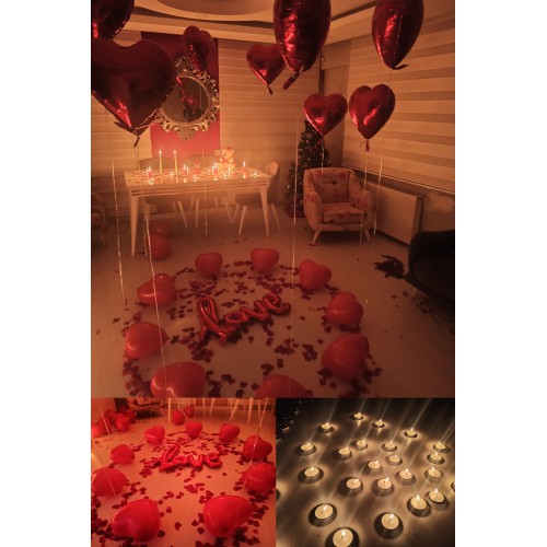 Kalp Mum, Love Ve Kalp Balon, Gül Yaprağı, Tealight Mum Süsleme, Sevgililer Günü, Evlilik Teklifi - Parti Dolabı