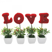 Kırmızı Love Yazılı Saksı, Dekoratif Süs 4 Lü Yapay Çiçek