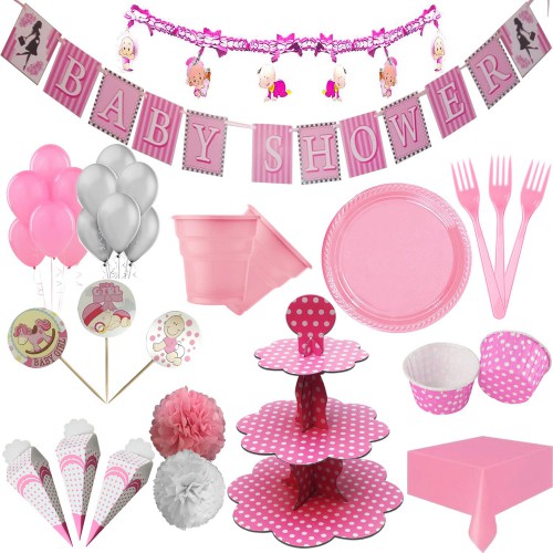 Kız Baby Shower Tabak Bardak Peçeteli Balonlu Parti Paketi Seti - Parti Dolabı