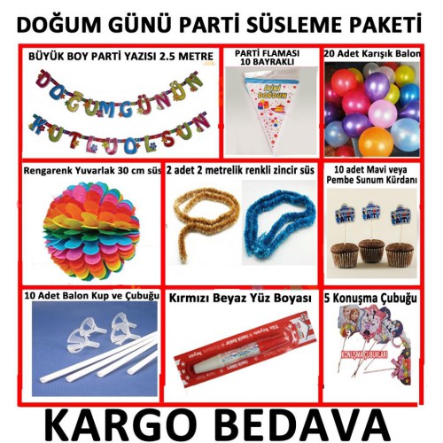 Mavi Erkek Doğum Günü Parti Malzeme Paketi+20 Karışık Balon 14 Parça Set - Parti Dolabı