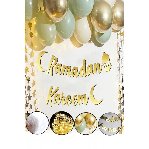 Ramadan Karem Gold Yazı Ledli Balon Zincir Seti Arapça Banner Ramazan Bayramı Oda Süsleme Dekor 2mt