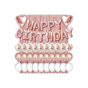 Rose Gold Pembe Happy Birthday Ve Kalp Folyo Ve 30 Rose Beyaz Şeffaf Balonlu Arka Fon Perde Set