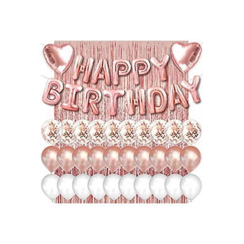 Rose Gold Pembe Happy Birthday Ve Kalp Folyo Ve 30 Rose Beyaz Şeffaf Balonlu Arka Fon Perde Set - Parti Dolabı