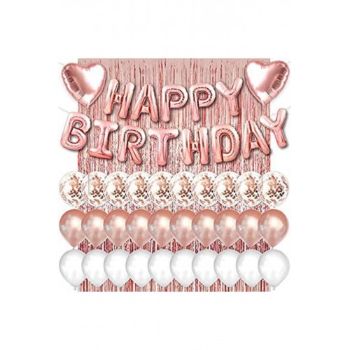 Rose Gold Pembe Happy Birthday Ve Kalp Folyo Ve 30 Rose Beyaz Şeffaf Balonlu Arka Fon Perde Set - Parti Dolabı