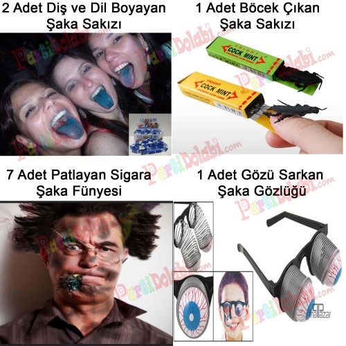 Şaka Malzemeleri Paketi: Sakızlar + Şaka Sigarası + Gözlük - Parti Dolabı