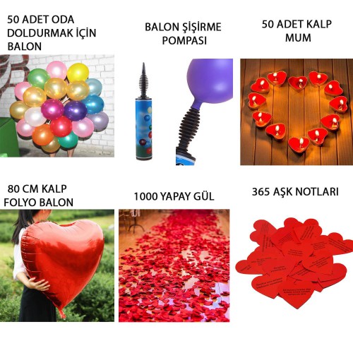 Sevgililer Günü Oda Ev Süsleme Paketi Gül, Mum, Balon, Pompa - Parti Dolabı