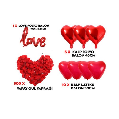 Sevgililer Günü Süsleme Paketi Kırmızı Peluş Ayı, Kalp Balon Seti - Parti Dolabı