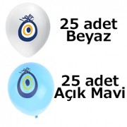 25 Mavi 25 Beyaz Nazar Boncuklu Balon 50 li