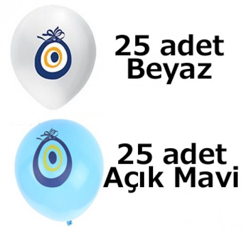 25 Mavi 25 Beyaz Nazar Boncuklu Balon 50 li - Parti Dolabı