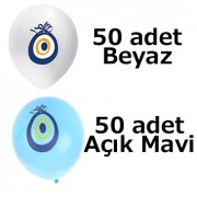 50 Mavi 50 Beyaz Nazar Boncuklu Sünnet Balon 100 lü