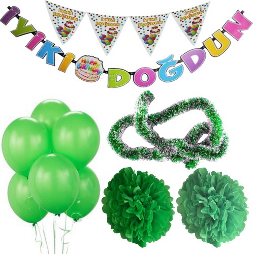 Yeşil Kız Çocuk (Bebek) Doğum Günü Parti Süsleri Malzeme Seti